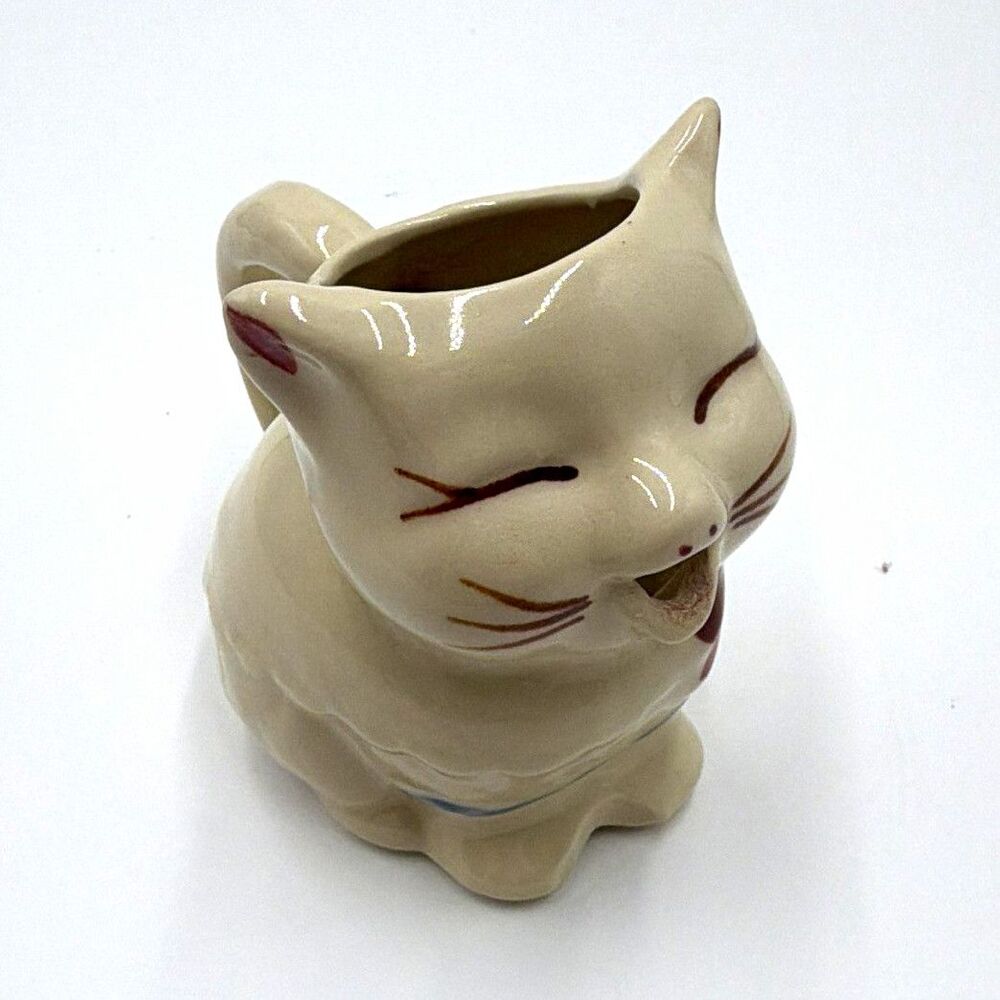 Vintage Ceramic Kitty Cat Creamer Pitcher Spout Red Bow Tie Cute Retro